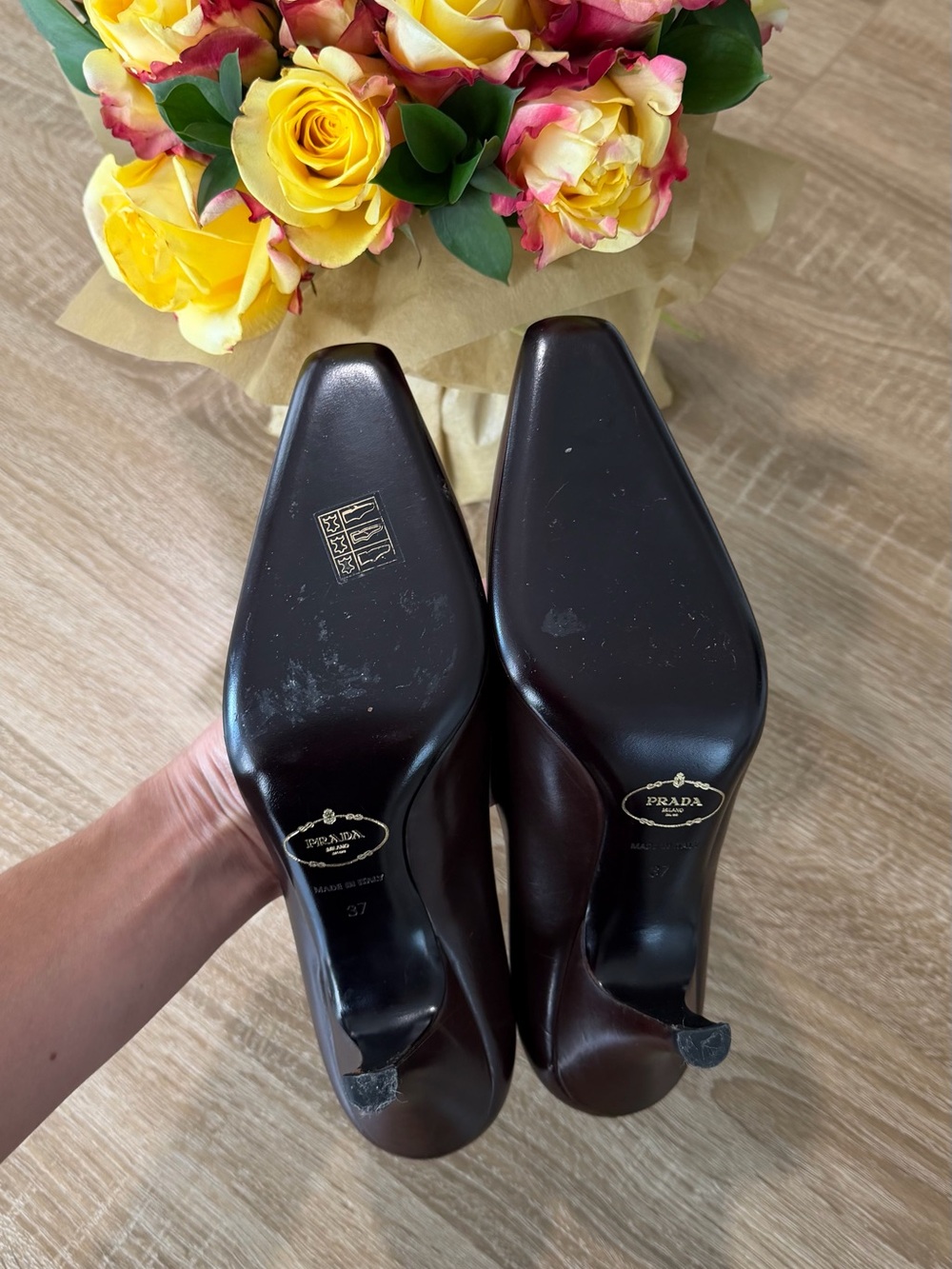 Prada Women's Dark Brown Leather Square-Toe Pumps - Picture 5 of 6